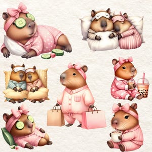 May include: A set of digital illustrations featuring capybaras in pajamas. The capybaras are wearing pink pajamas with white polka dots and have pink bows in their hair. Some capybaras are wearing eye masks and others are holding drinks. The illustrations are perfect for use in scrapbooking, card making, and other creative projects.