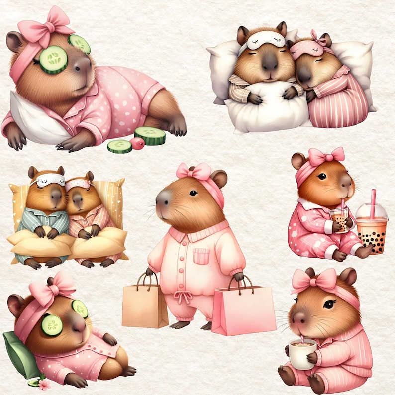 May include: A set of digital illustrations featuring capybaras in pajamas. The capybaras are wearing pink pajamas with white polka dots and have pink bows in their hair. Some capybaras are wearing eye masks and others are holding drinks. The illustrations are perfect for use in scrapbooking, card making, and other creative projects.