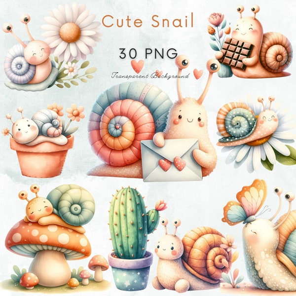 Clipart escargot mignon, clipart escargot aquarelle, clipart escargot, petit animal clipart, saison de l'amour PNG, décoration de chambre d'enfant, animaux mignons