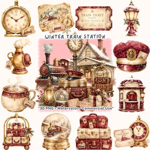 May include: A digital collection of winter train station themed illustrations including a steam locomotive, vintage clocks, snow globes, luggage stacks, a ticket booth, a street lamp, and train tickets with the text Winter Train Station.