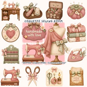 Söt sömnad Clipart PNG, Coquette Syrum Bundle, Kawaii Rosett Daisy Symaskin Tråd Quilting Craft Planner Sticker Kommersiellt Använd
