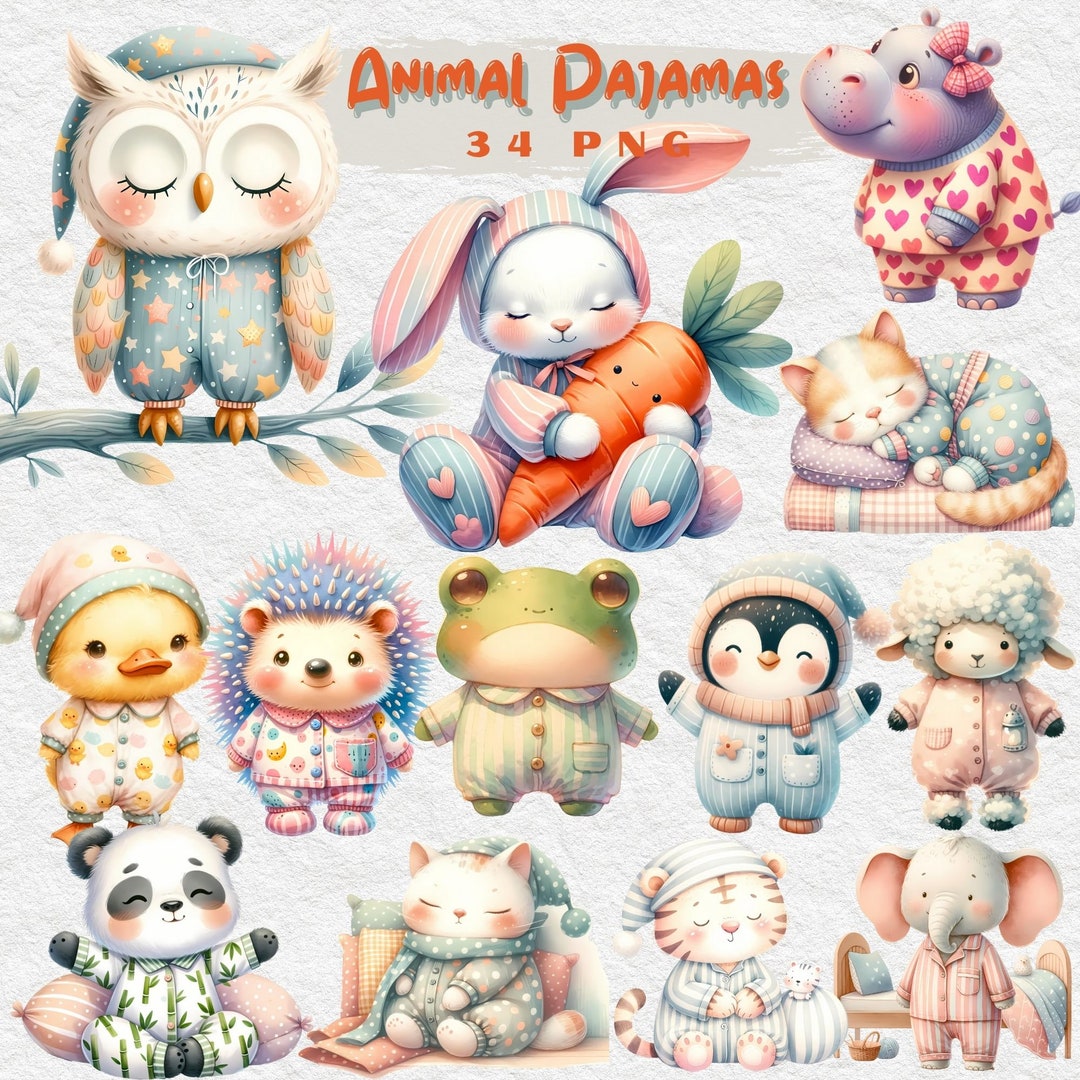 Sleepy Animals Clipart, Nursery Pajama Animals PNG (PDF Download) - Etsy