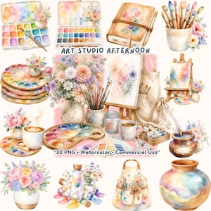 May include: A collection of watercolour art supplies including paint palettes, brushes, floral arrangements in vases, sketchbooks, easels, aprons, and paint tubes. The text ART STUDIO AFTERNOON and 30 PNG Watercolor Commercial Use is visible.