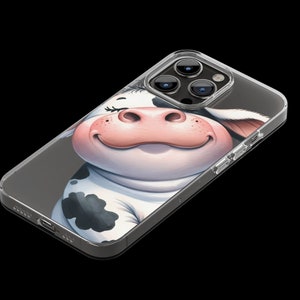 May include: A clear phone case with a black and white cow illustration. The cow is smiling and has its eyes closed. The phone case has a cutout for the camera lens.