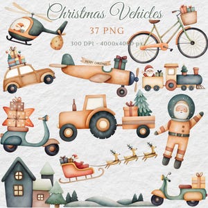 Clipart z pojazdami świątecznymi | Ilustracje transportu świątecznego | Sanie Świętego Mikołaja, clipart z ciężarówkami świątecznymi i samochody świąteczne xmas