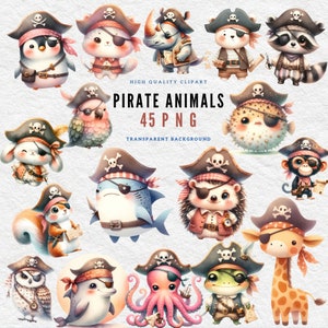 Animales piratas de acuarela, lindo clipart pirata, imágenes prediseñadas de elefante, animales bebés, imágenes prediseñadas pirata, animal lindo, imágenes prediseñadas de colección de piratas