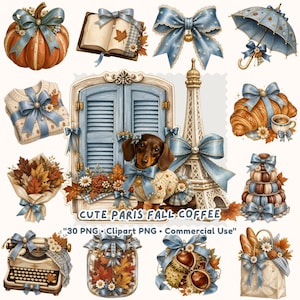 May include: A collection of digital illustrations featuring a pumpkin, an open book, a blue bow, an umbrella, a sweater, a dachshund, the Eiffel Tower, a croissant, a bouquet, macarons, a typewriter, a jar of leaves, chestnuts, and a bag of bread with the text CUTE PARIS FALL COFFEE 30 PNG Clipart PNG Commercial Use.