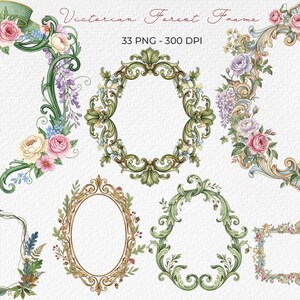 May include: Watercolor illustrations of Victorian-style frames and floral elements. The frames are in various shapes, including oval, round, and rectangular, with ornate scrollwork and botanical details. The text "Victorian Forest Frame" and "33 PNG - 300 DPI" are visible.