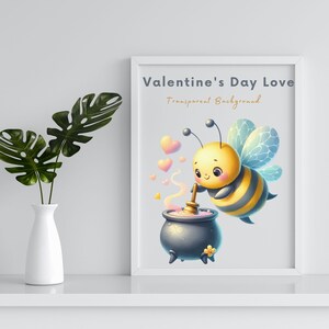 May include: A cute cartoon bee with yellow and black stripes is stirring a pot of pink honey with a wooden spoon. The bee has big, blue eyes and a happy expression. There are pink hearts floating around the bee, and the text "Valentine's Day Love" is written at the top of the image.