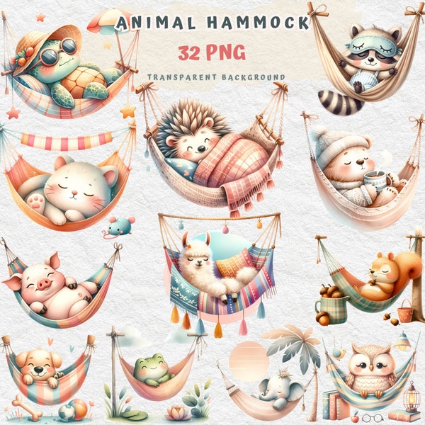 Hammock Clipart, Animal with Hammock, Cute Hammock Clipart PNG, Love season PNG, Cat in Hammock, Nursery Decor, Paper craft, Cute Animals