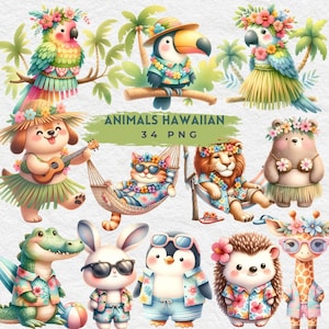 Imágenes prediseñadas de animales de verano, imágenes prediseñadas de acuarela hawaiana de animales, PNG hawaiano, arte de pared de decoración, fabricación de tarjetas, decoración de vivero, animales lindos