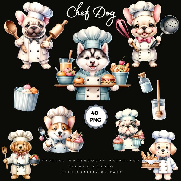 Schattig chef-kok honden keuken clipart, chef-kok hond clipart bundel, Baker hond kunst, koken clipart, voedsel clipart, Animal Design keuken Home decor