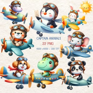 Clipart di aerei d'epoca, clipart di piloti d'epoca, clipart di animali carini, animali da pilota carini, arte per bambini in aereo, bambino, download digitale