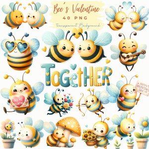 Cute Bee in love water color Clipart , Honey Bee with Flower Character png, Spring clipart ,Love bee clipart, Valentine Animals decor,