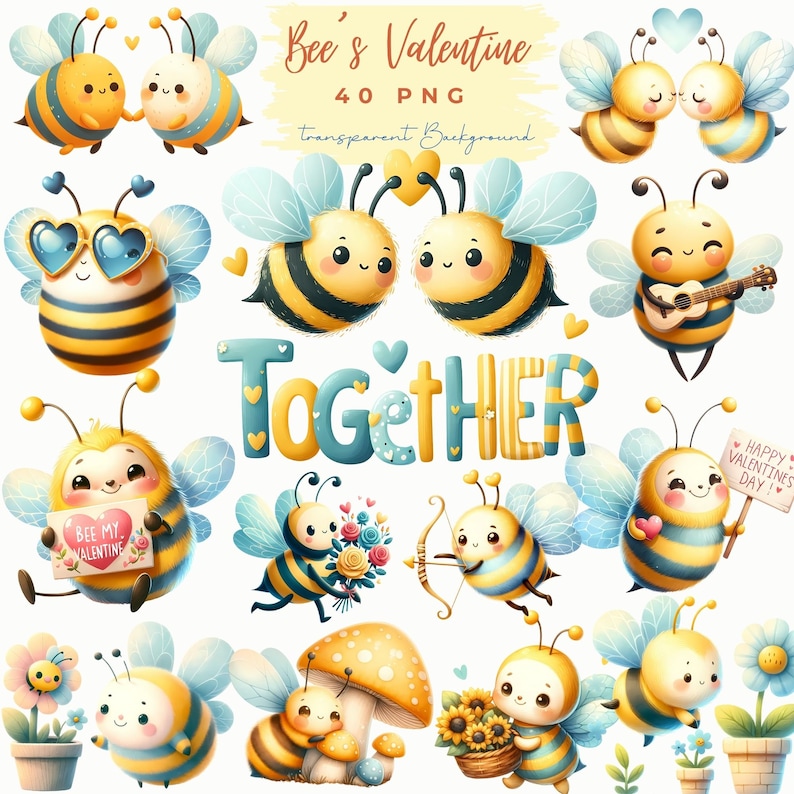 May include: A set of 40 digital clipart images featuring cute cartoon bees in various poses and with different accessories. The bees are yellow and black with large eyes and smiles. Some bees are holding hearts, flowers, a guitar, and a sign that says "Bee My Valentine". The text "Together" is also included in the set.