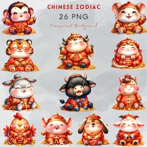 Chinese Zodiac Clipart, Animal signs China digital, Chinese New Year clipart, 12 zodiac animals, Chinese New Year Watercolor Clipart