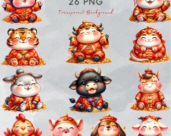 Chinese dierenriem aquarel clipart: 12 dierentekens (PNG, PDF)