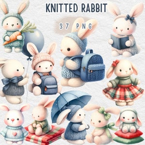 gestrickte Kaninchen Clipart, Kaninchen Clipart, Häschen Clipart, Häschen Clipart, gestrickte Tiere Clipart, Kinderzimmer Dekor, süße, gestrickte Clipart