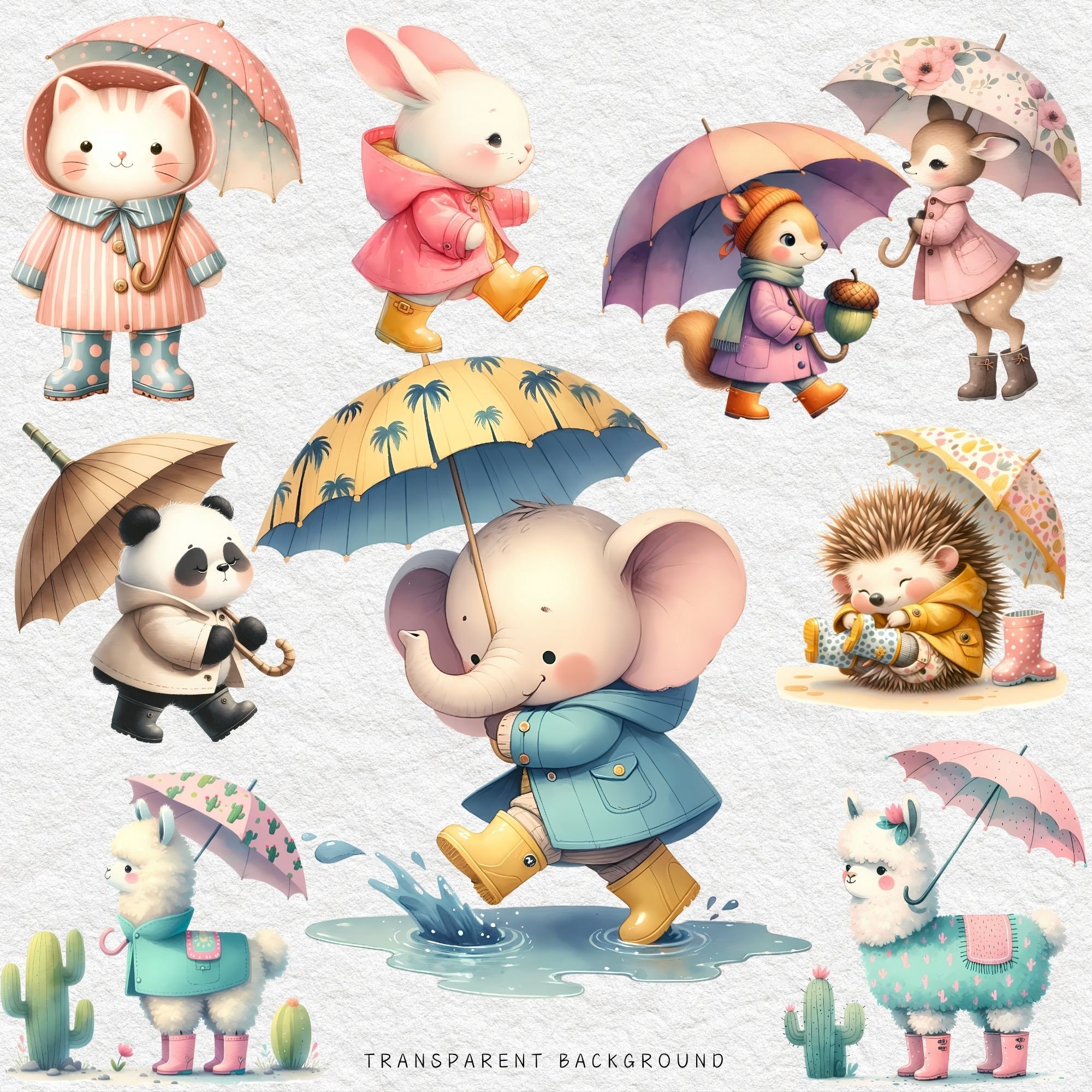 Animals In Rain Animal With Umbrella Animals In Raincoat Clipart