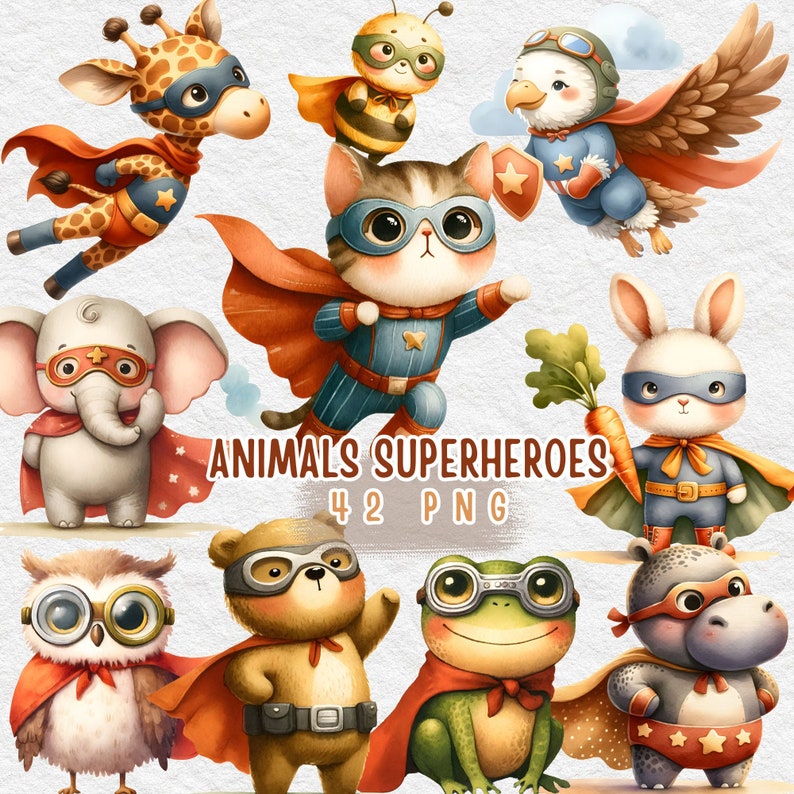 Op de afbeelding: Een set van 42 digitale illustraties van dieren die verkleed zijn als superhelden. De dieren omvatten een giraffe, een bij, een vogel, een kat, een olifant, een konijn, een beer, een kikker en een nijlpaard. Elk dier draagt een kleurrijk kostuum met een cape en een masker. De illustraties zijn in cartoon-stijl en zijn perfect voor gebruik in kinderboeken, websites of andere creatieve projecten.