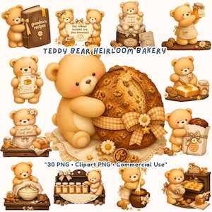 Cute Teddy Bear Heirloom Bakery Clipart, Bear Bread Honey Bundle, Kawaii Vintage Recipe Sourdough Cottagecore Planner Sticker Commercial Use