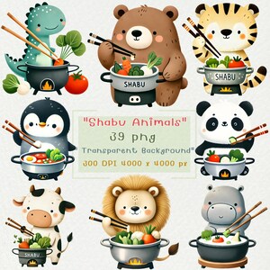 May include: A set of 39 digital illustrations of cute animals enjoying a hot pot meal. The animals include a penguin, a tiger, a bear, a cow, a lion, a hippopotamus, and a dinosaur. Each animal is holding chopsticks and dipping their food into a pot of broth. The illustrations are perfect for use in scrapbooking, card making, and other creative projects.