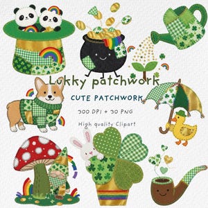Puede incluir: Una colección de lindos diseños de patchwork con temas del Día de San Patricio y caprichosos. Incluye pandas en un sombrero, un corgi con un suéter, una olla de oro, una regadera, un pato con un paraguas y más. El texto dice "Lukky patchwork" y "Cute patchwork".