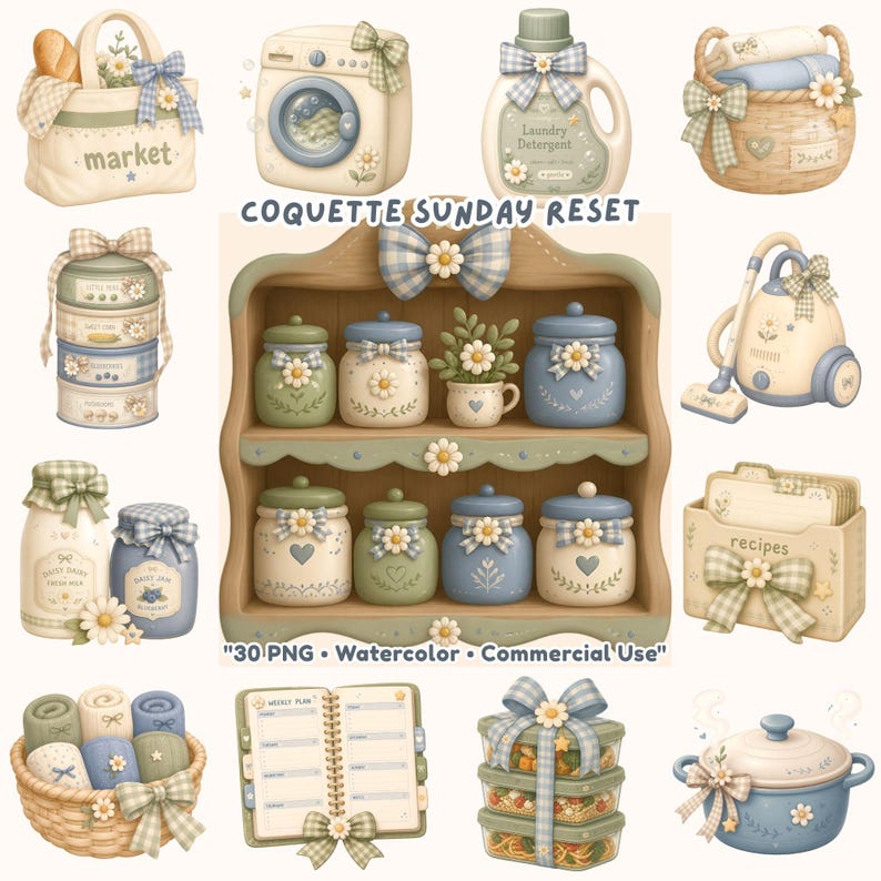 May include: A collection of digital illustrations featuring household items like a market bag, washing machine, laundry detergent, baskets, canisters on shelves, a vacuum, recipe box, planner, and cookware, all decorated with blue gingham bows.