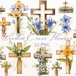 Watercolor Wooden Cross Flowers PNG , Christian Easter Floral Clipart , Watercolor Cross Flower, Floral Clipart, Junk Journal
