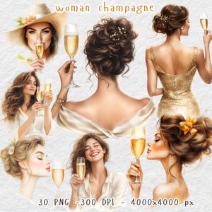 Watercolor Champagne Woman Clipart, Junk Journal, Scrapbooking, Celebration, Cocktails, Floral Champagne, Fashion Girl Clipart