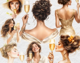 Aquarel champagne vrouw clipart: bloemen viering graphics (pdf-download)