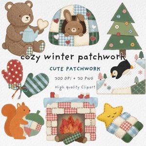 Może przedstawiać: Kolekcja przytulnych zimowych ilustracji patchworkowych. Zawiera misia z imbrykiem, królika w patchworkowym domku, choinkę, pingwina na sankach, rękawice, wiewiórkę z żołędziem, kominek i gwiazdę w kołdrze.