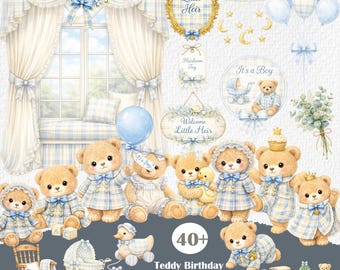 Könnte beinhalten: Aquarell-Clipart-Set mit Teddybären in blau karierten Outfits, Luftballons und dekorativen Elementen. Enthält Schilder mit der Aufschrift "Little Heir", "It's a Boy" und "Welcome Little Heir". Der Text "Teddy Birthday" und "Watercolor Clipart" sind ebenfalls sichtbar.