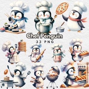 Pinguim de chef fofo, pacote de clipart de pinguim de chef, arte de pinguim padeiro, clipart de culinária, clipart de comida, design de animais cozinha decoração de casa
