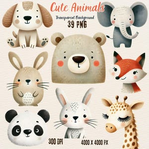 Imágenes prediseñadas de animales lindos en acuarela, 48 imágenes PNG de animales lindos, animales en acuarela, paquete de animales lindos, animales bebés, garabatos de animales, animales imprimibles