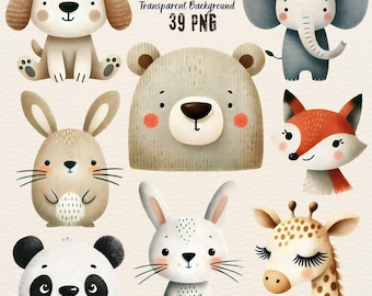 Watercolor Cute Animals Clipart, 48 Cute Animal PNG, Watercolor Animals, Cute Animal Bundle, Baby Animals, Animal Doodle, Printable Animals