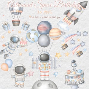 Paquete de imágenes prediseñadas de cumpleaños del espacio, imágenes prediseñadas de cumpleaños de niño, PNG de feliz cumpleaños, globos de pastel, cumpleaños de astronauta, manualidades de papel, sublimación