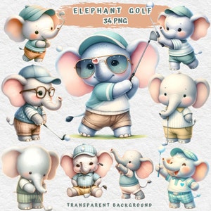 clipart de golfe, golfe PNG, clipart de animais esportivos, elefante fofo, elefante bebê, elefante esportivo, animal bebê para chá de bebê, berçário Safari
