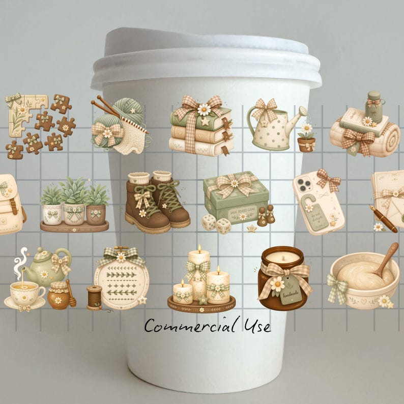 Op de afbeelding: Een witte wegwerp koffiebeker met een rasterpatroon over diverse illustraties in saliegroen, cr&egrave;me en bruine tinten, waaronder puzzelstukjes, garen, boeken, een gieter, laarzen, een cadeau, een telefoon, een theepot en kaarsen. De tekst luidt Commercial Use.