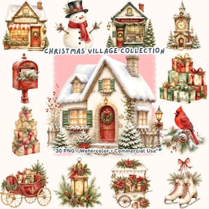 30 imágenes prediseñadas PNG de pueblo navideño, escapada de verano e invierno, pino rojo festivo, crema verde, cesta de casa de acuarela, arte, uso comercial.