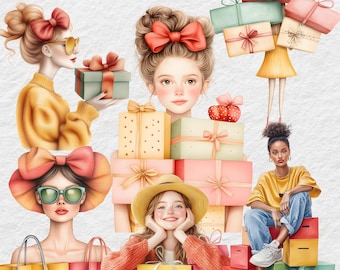 Fashion Girl Clipart: Winter Shopping PNG Graphics (PDF Download)