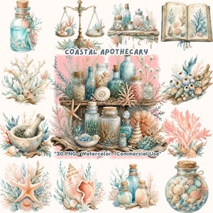 May include: A digital collection of watercolour illustrations titled COASTAL APOTHECARY, featuring glass bottles filled with shells, coral, sea life, a mortar and pestle, a balance scale, and an open book with botanical drawings of marine specimens.