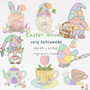 Puede incluir: Ilustraciones de gnomos de Pascua de patchwork. Los gnomos se representan con varios accesorios, como una cesta de huevos, una taza de té y un tulipán en una taza. También se incluye el texto "Easter Gnome" y "Cute Patchwork".