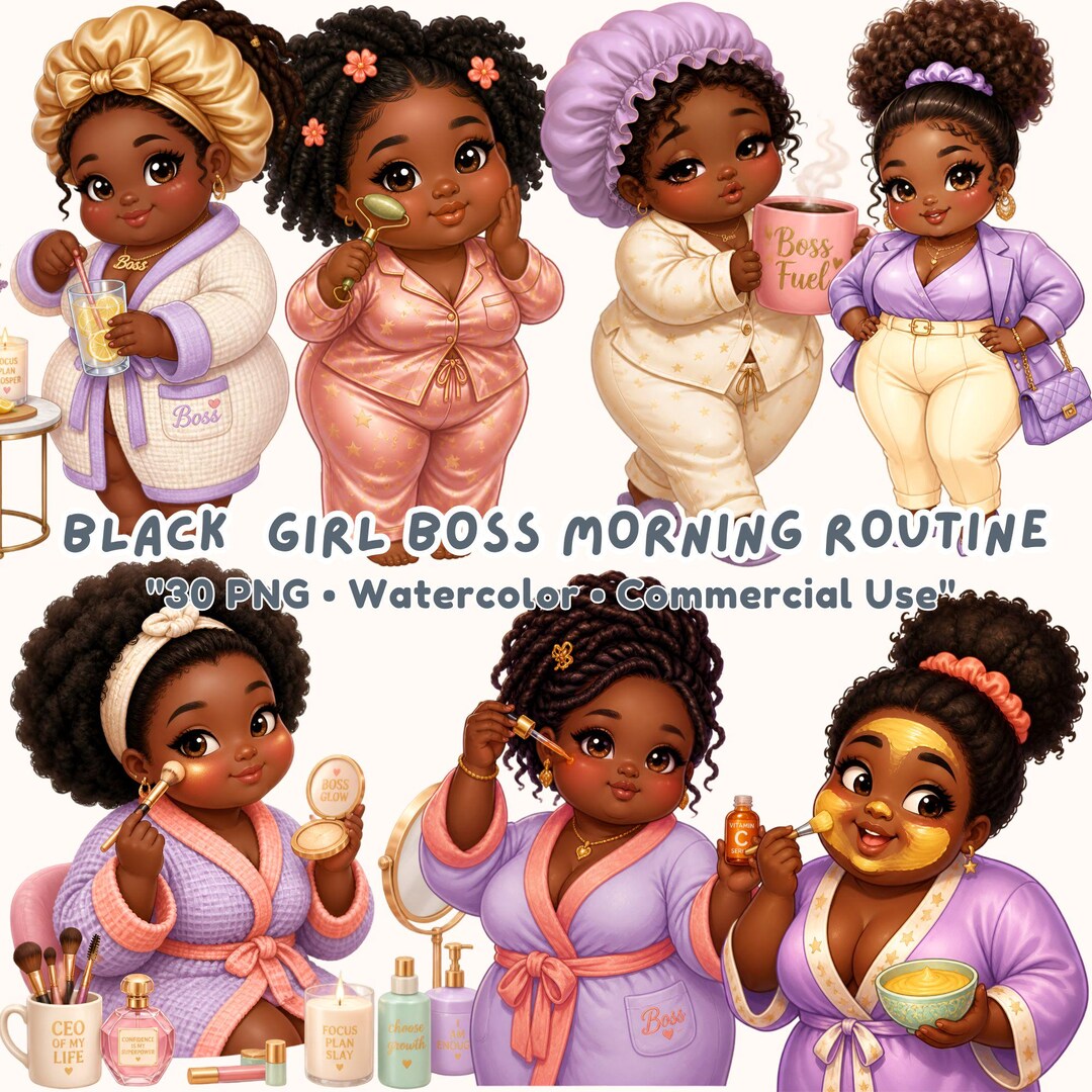 Daily Routine Chibi Kawaii Chibi Plus Size Black Woman Morning Routine Clipart, Girl Boss ...