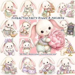 Puede incluir: Ilustraciones en acuarela de adorables conejitos blancos con trajes pastel, sosteniendo juegos de té, macarons y flores. También se ve el texto "FLORAL TEA PARTY BUNNY & MACARON" y "30 PNG • Watercolor • Commercial Use".