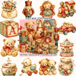 30 Vintage Toy Shop Clipart PNG, Nostalgic Christmas Nursery, Burgundy Gold Nutcracker Teddy Bear, Watercolor Rocking Horse, Commercial Use