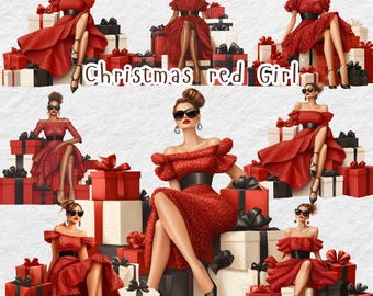 Christmas Shopping Girl Clipart: Fashion Holiday PNG Illustrations (Digital Download)