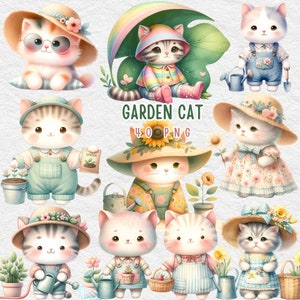 Chat de jardin, Clipart chat de jardin, impression de chat de jardin, Clipart chats, décoration de chambre d'enfant, animaux mignons, fleurs de printemps, clipart, créations numériques en papier