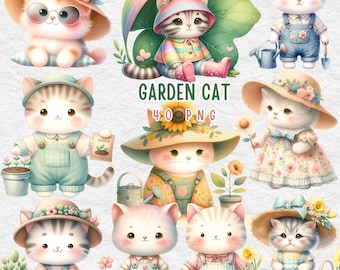 garden cat, Cute Cat Clipart, garden cat print, Cats Clipart, Nursery Decor, Cute Animals ,Spring Flowers, Clip Art, Digital Paper Craft