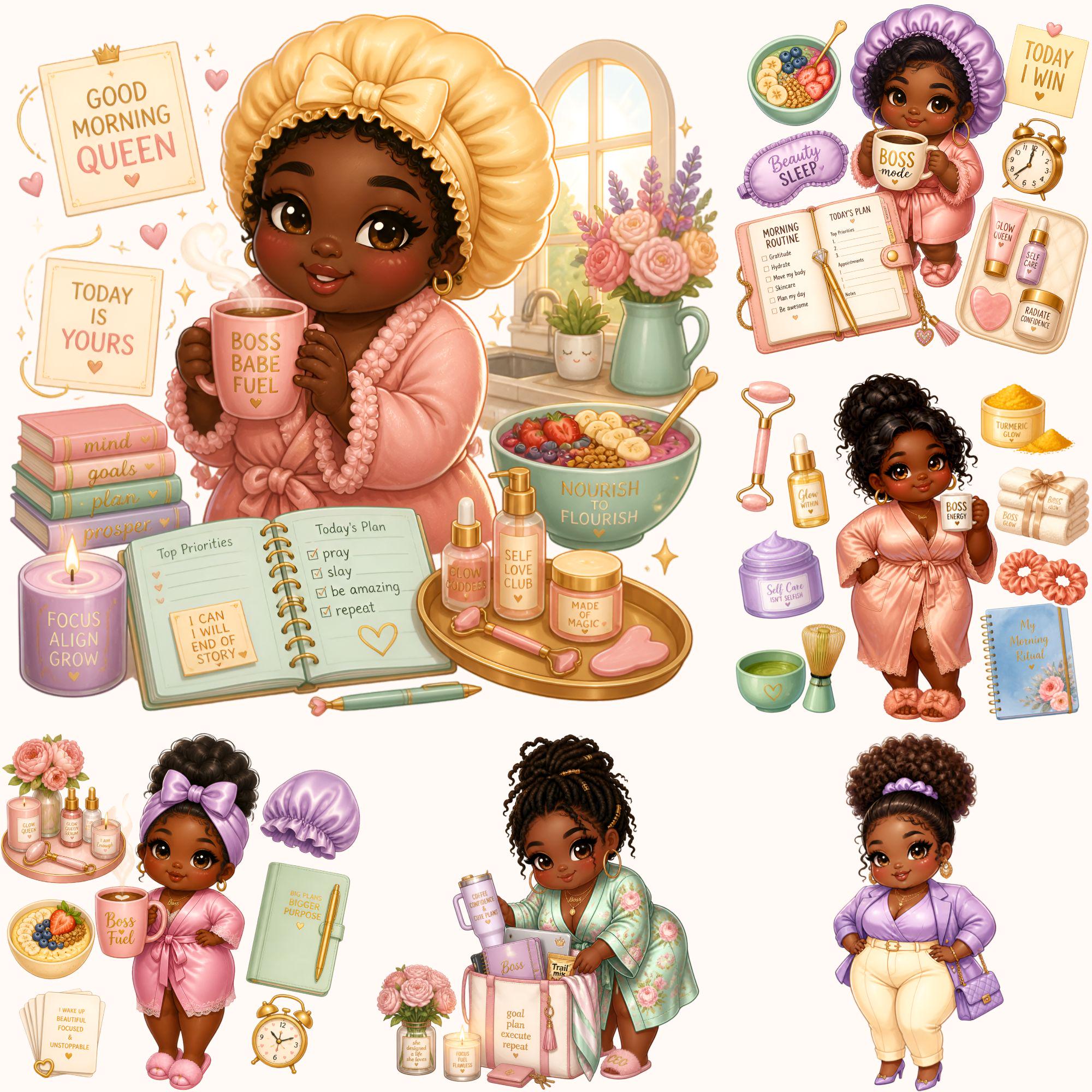 Daily Routine Chibi Kawaii Chibi Plus Size Black Woman Morning Routine Clipart, Girl Boss ...